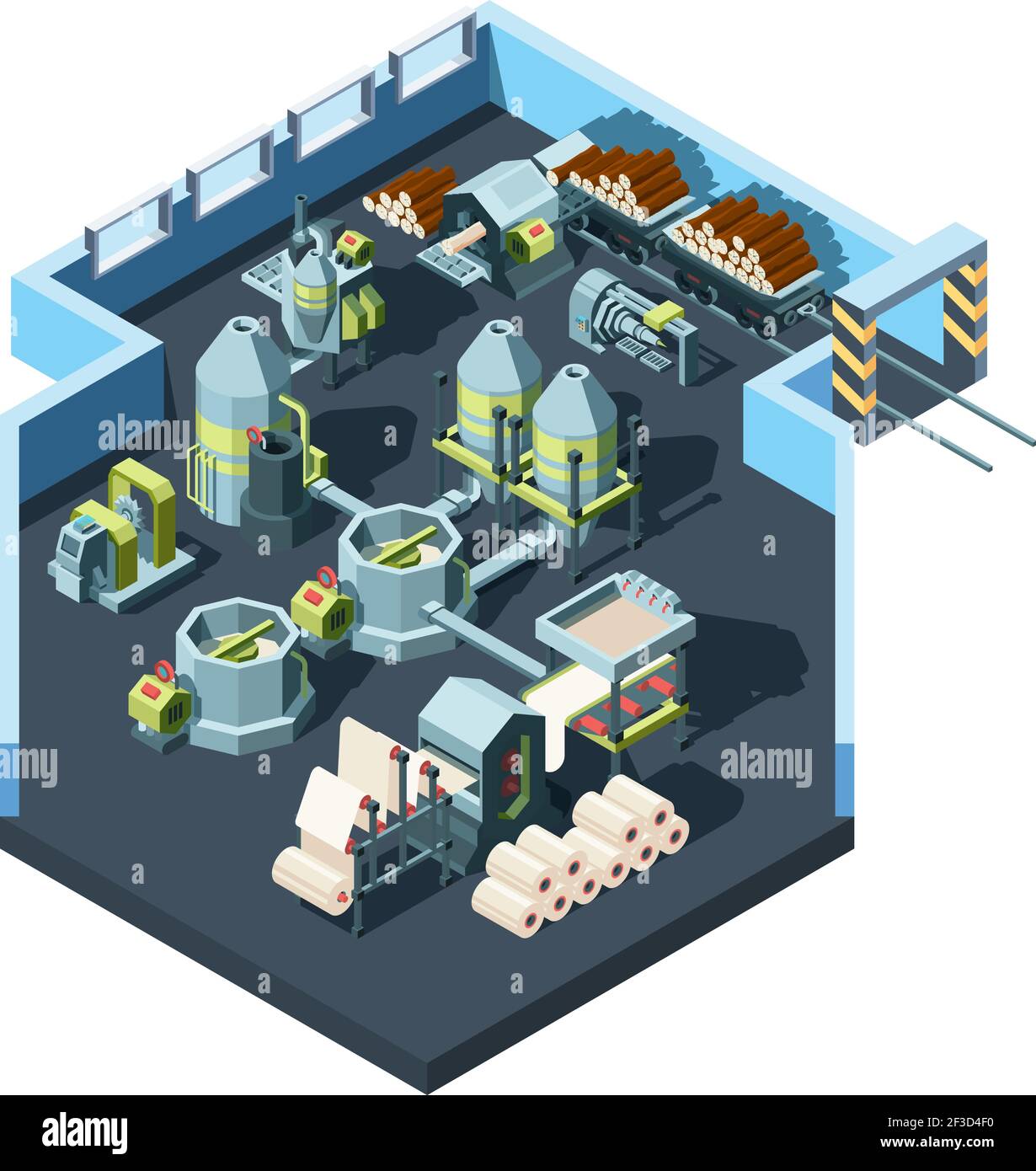 Paper production factory. Industrial interior with machines for making