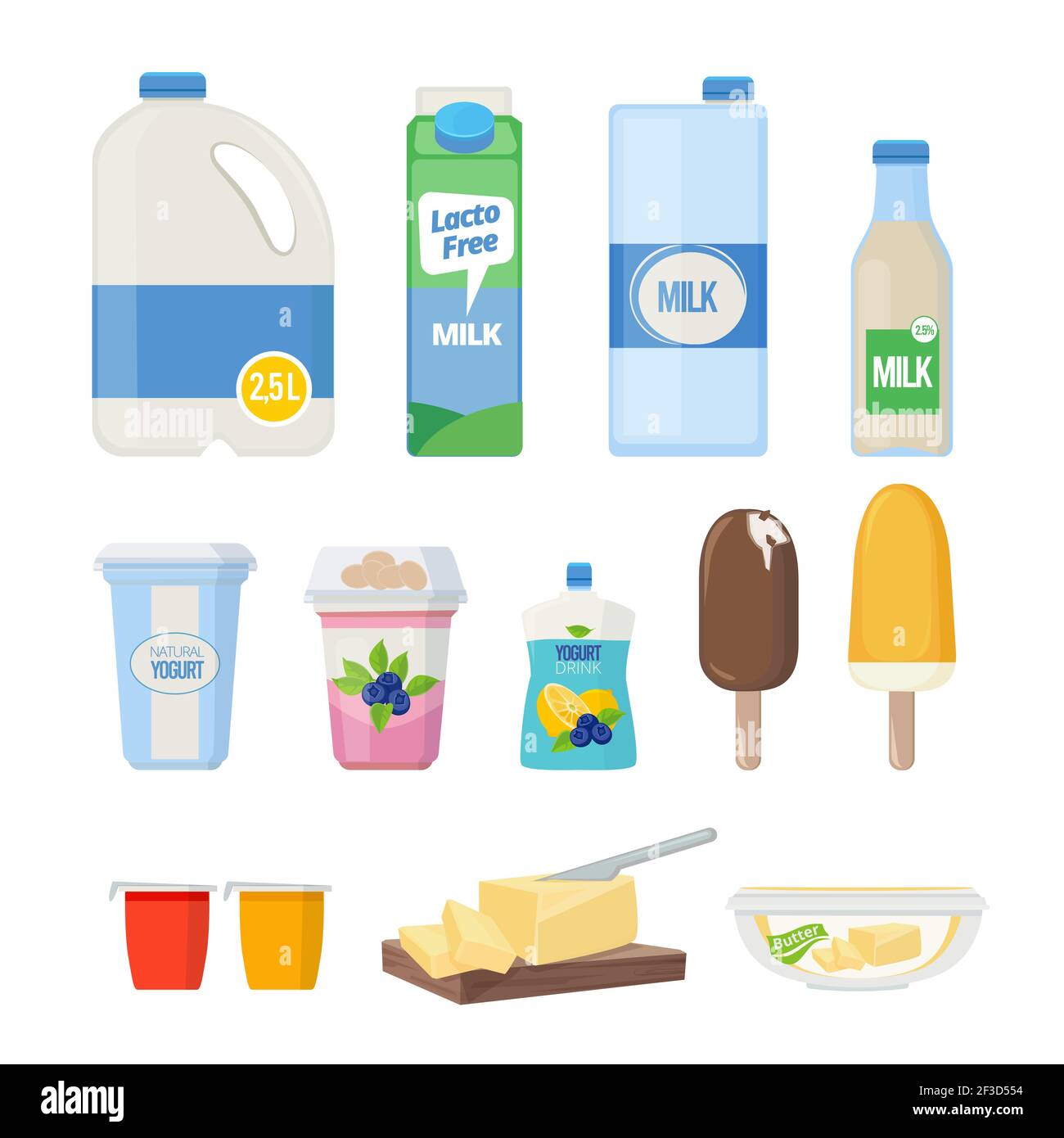 Milk products. Dairy food yogurt leche cheese ice cream vector cartoon