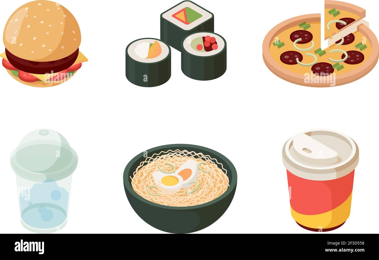 Fast food isometric. Burger sushi pizza cold drinks hot dog donuts ice