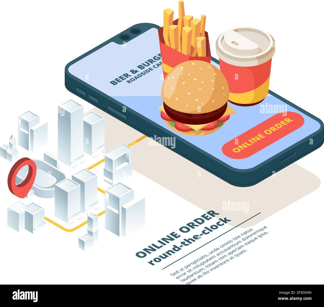 Pizza order online. Smartphone screen fast food pictures mobile app internet shopping order junk food fast delivery vector isometric Stock Vector