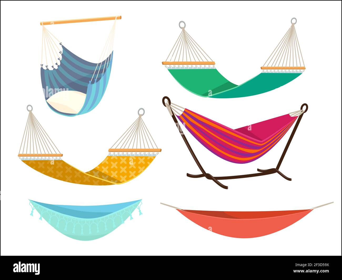 Hammock set. Comfort lifestyle outdoor bed rest place from fabric vector cartoon collection Stock Vector