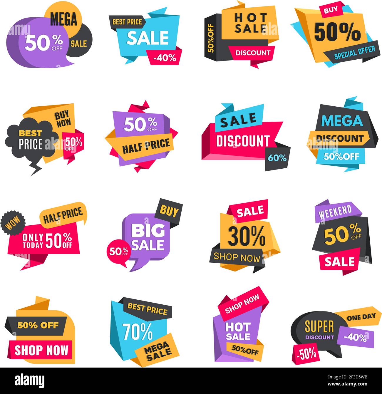 Discount tags. Product ads special offer badges low prices promotional labels hot sale best vector shopping colored stickers Stock Vector