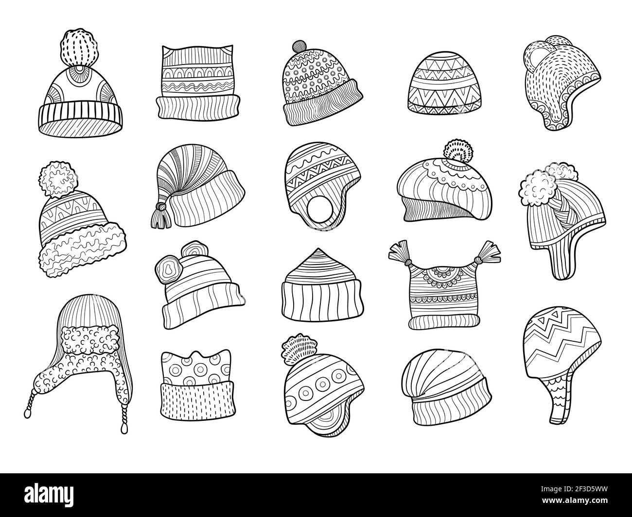 Winter doodle hat. Clothes flapping ears warm hat with fur knitted vector sketches illustrations Stock Vector