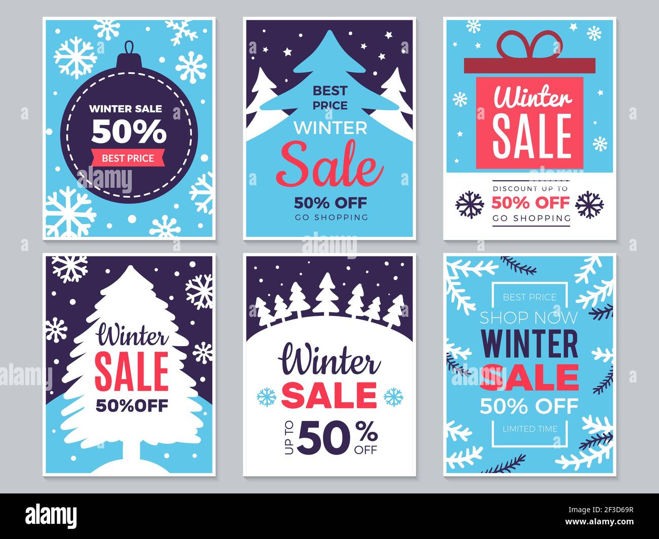 Winter sale cards. Christmas promo banners big discounts and special season offers vector labels Stock Vector