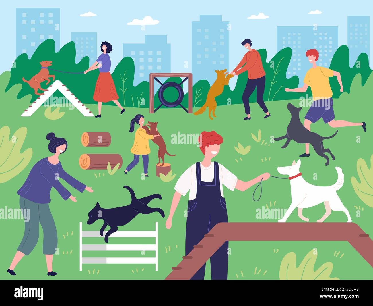 Walking with dogs in park. People playing running outdoor with domestic animals dogs puppies vector background Stock Vector