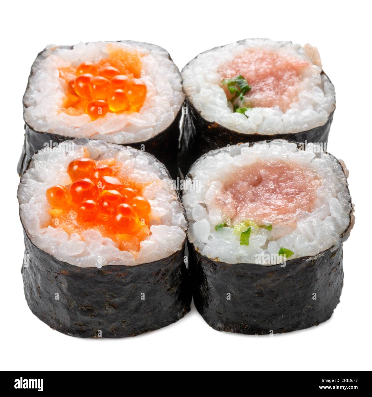 sushi rolls with caviar and chopped fresh fish on a white background