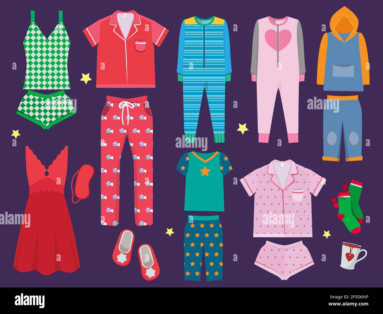 https://c8.alamy.com/comp/2F3D6NP/pajamas-set-sleeping-clothes-collection-for-children-and-adults-sleepwear-textile-vector-colored-cartoon-illustrations-2F3D6NP.jpg