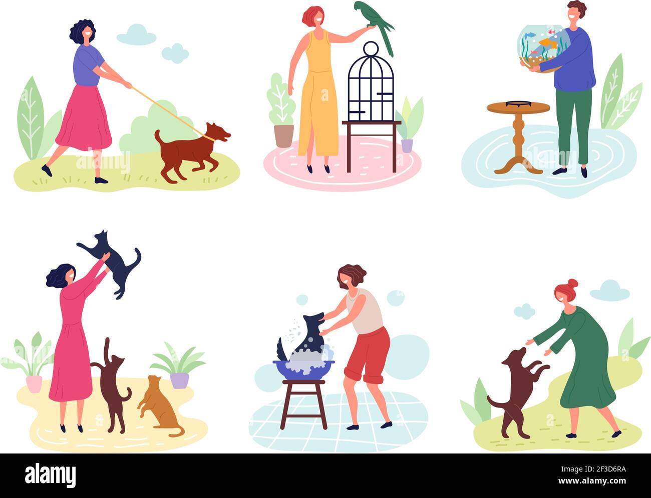 People with pets. Dog cats fishes birds rabbits love for domestic animals vector characters Stock Vector