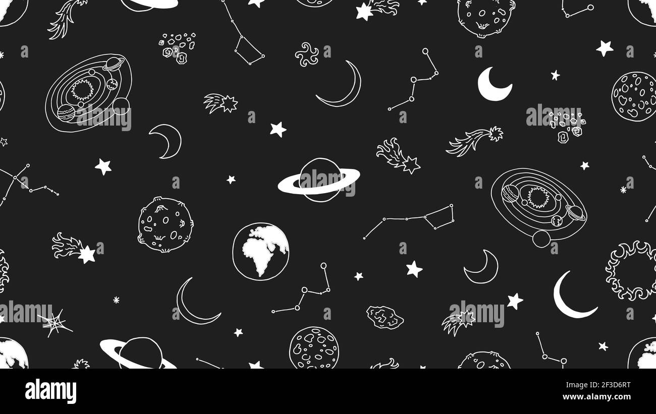 Space seamless pattern. Stars moon planets vector illustration. Galaxy seamless texture, doodle universe background Stock Vector