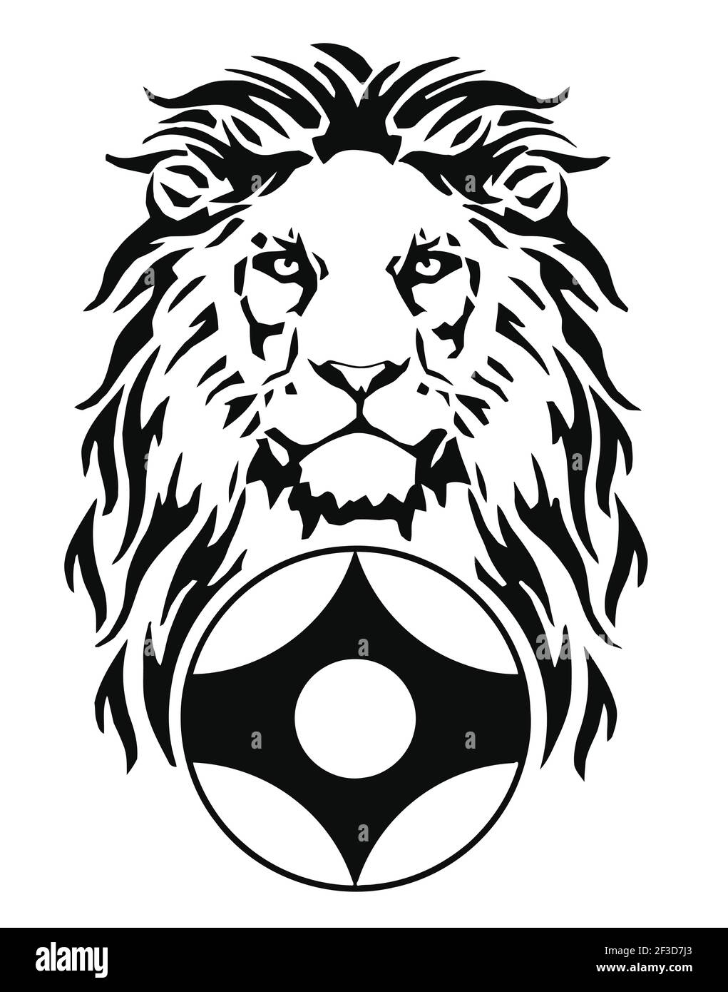 The Lion and Karate kyokushin simbol, drawing for tattoo, on a white background, vector, Translation of the words in the picture: Kyokushin Stock Vector