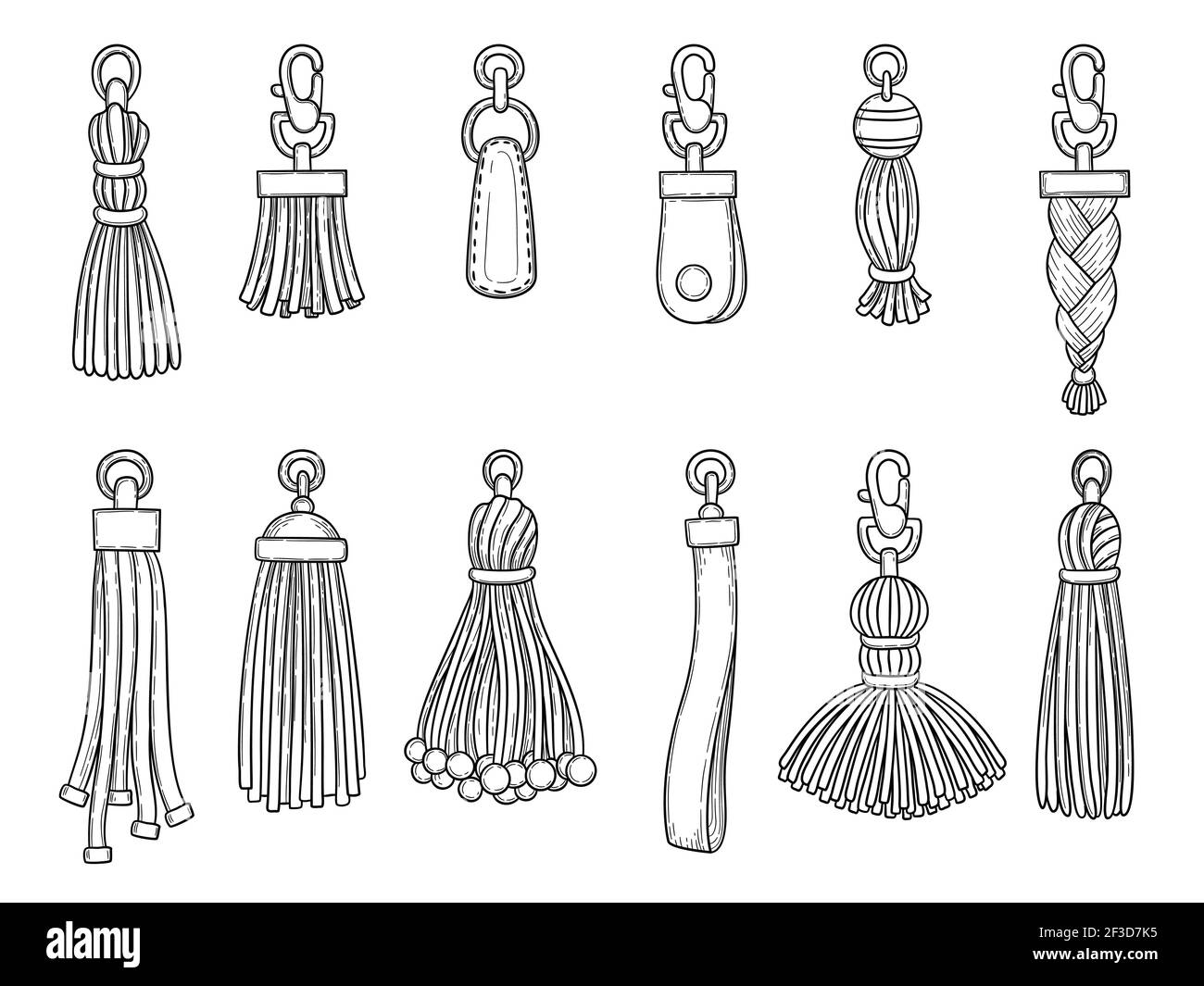 Handbags accessories. Leather textile technician knot trinket threads fashion items vector illustrations Stock Vector