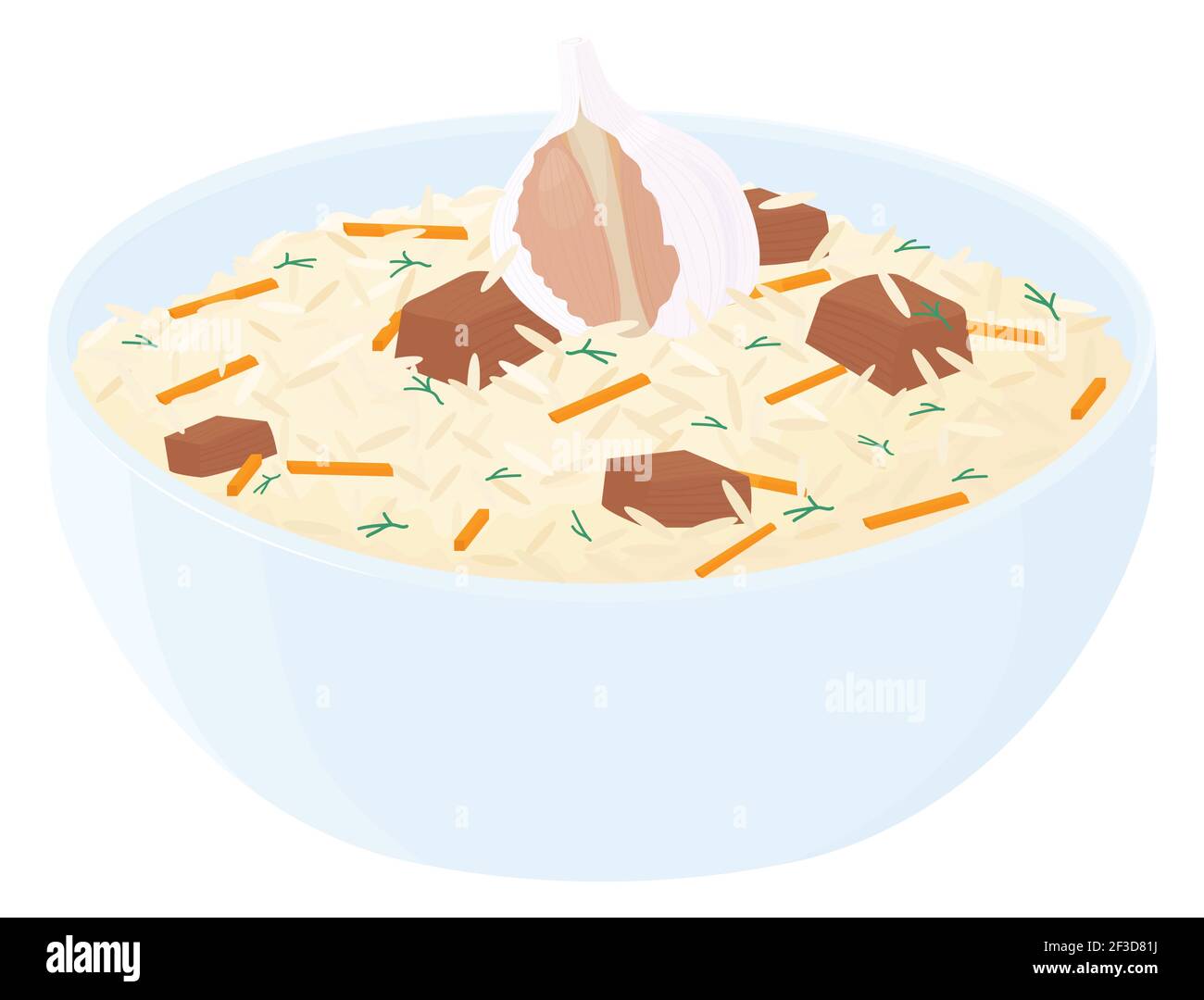 Traditional Arabic and Uzbek pilaf or maqluba in white bowl isolated on white. Vector cartoon illustration. Stock Vector