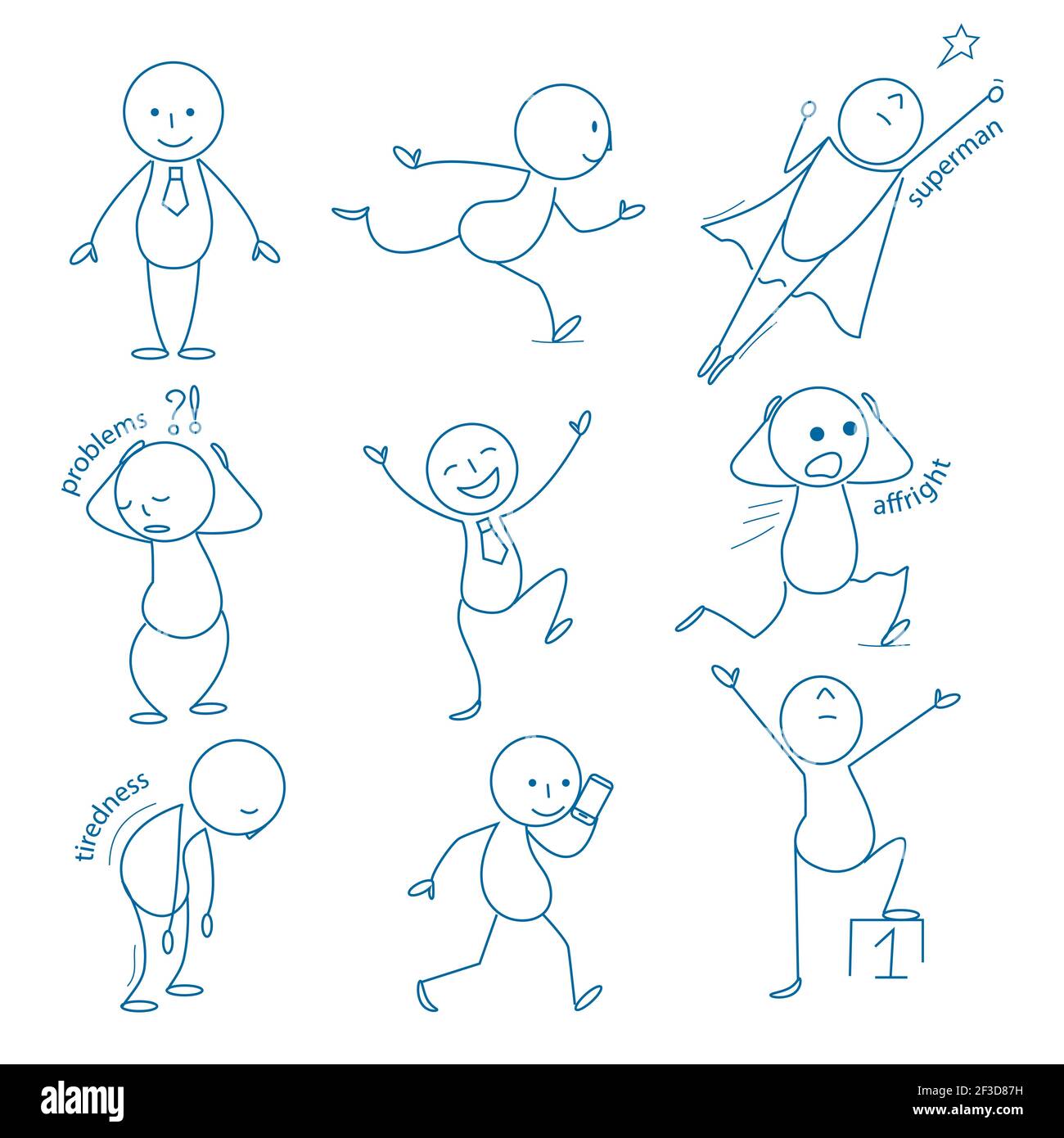 Business stickman. Hand drawn figures in different action poses running standing holding pointing sitting jumping vector business doodles Stock Vector