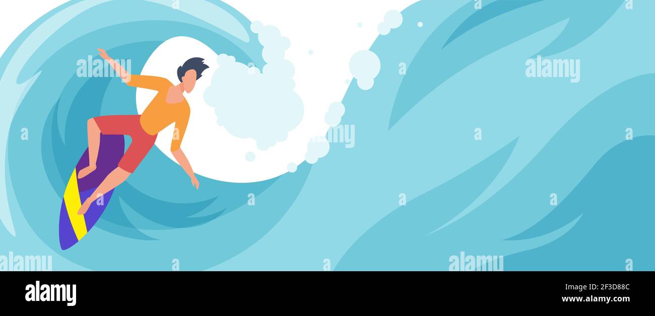 Summer vacation sport activity, young active sporty surfer man standing on surfboard Stock Vector