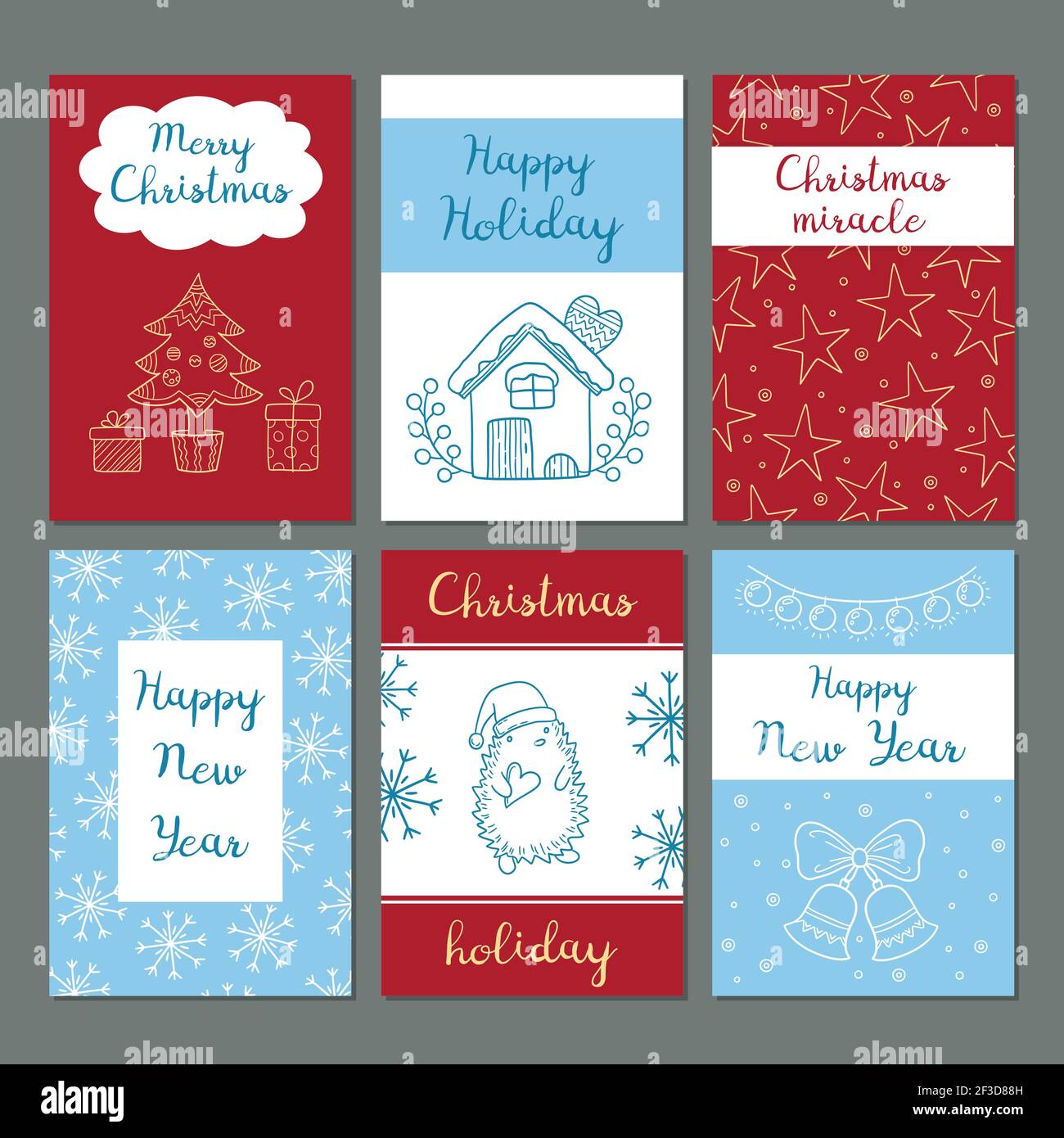 Christmas cards. Winter celebration greetings cards cute images snowflakes characters santa gifts clothes vector doodles hipster style Stock Vector