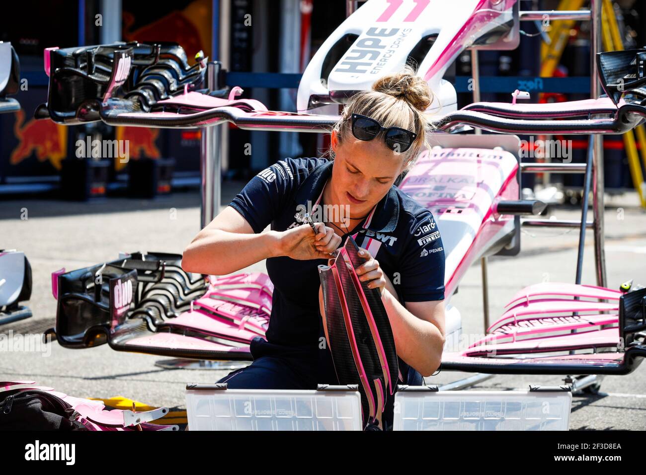 Female mechanic working on the Force India VJM11 front wings during the 2018 Formula One World Championship, Germany Grand Prix from July 19 to 22, in Hockenheim, Germany - Photo Florent Gooden / DPPI Stock Photo