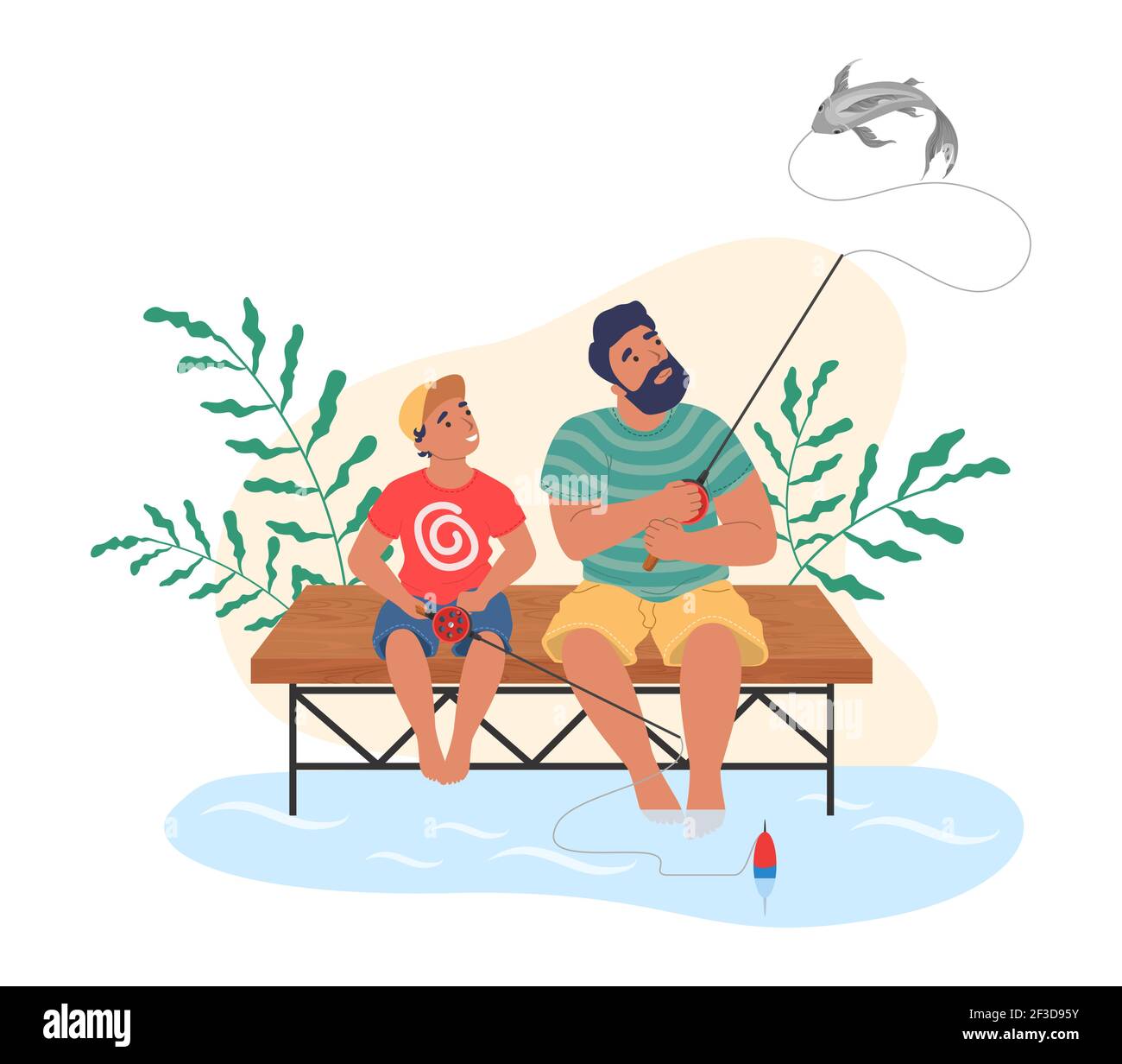 Cartoon father and son go on fishing trip Vector Image