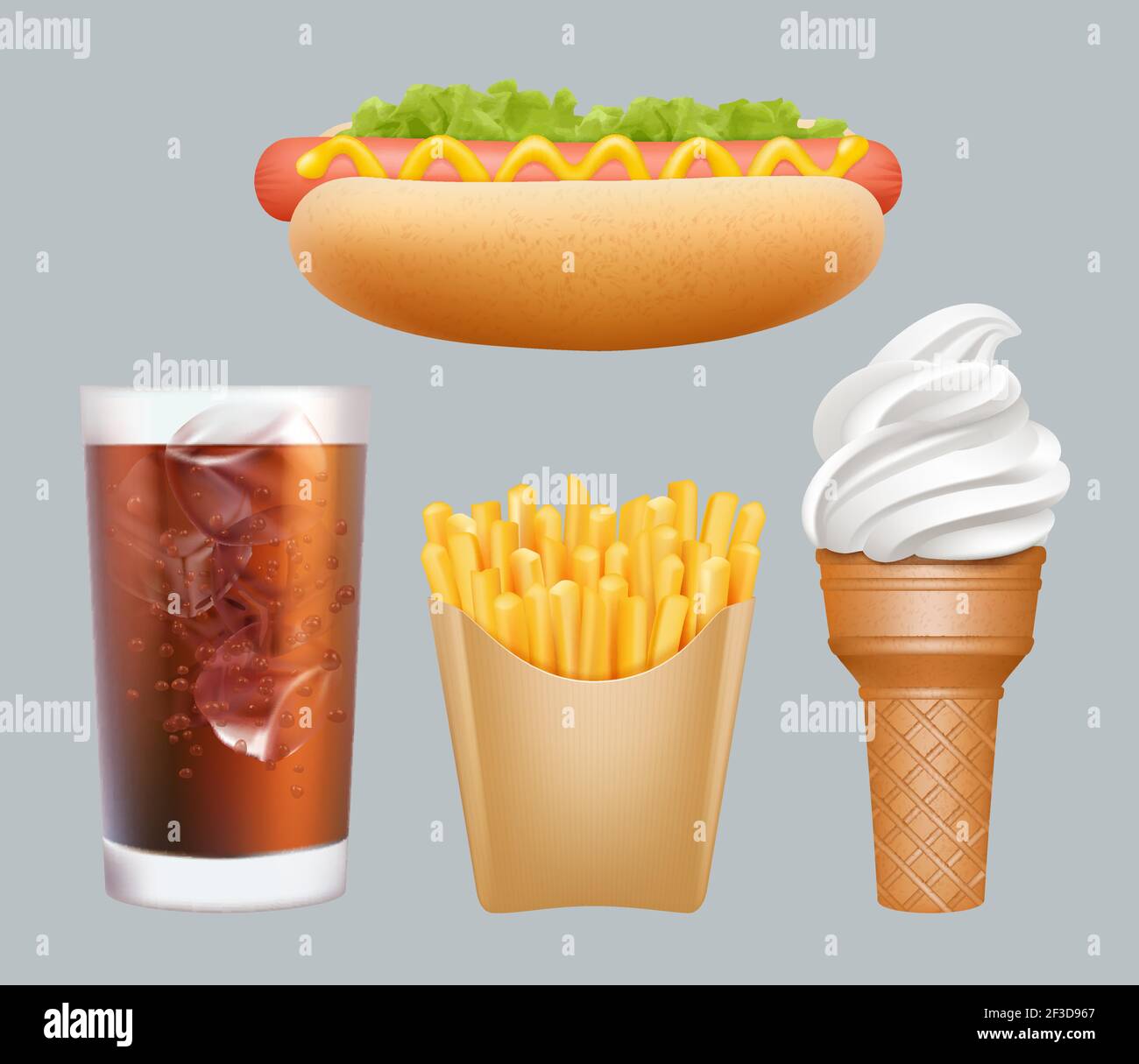 Fast food. Realistic junk food hotdogs cold drink ice cream french fries vector 3d graphics Stock Vector