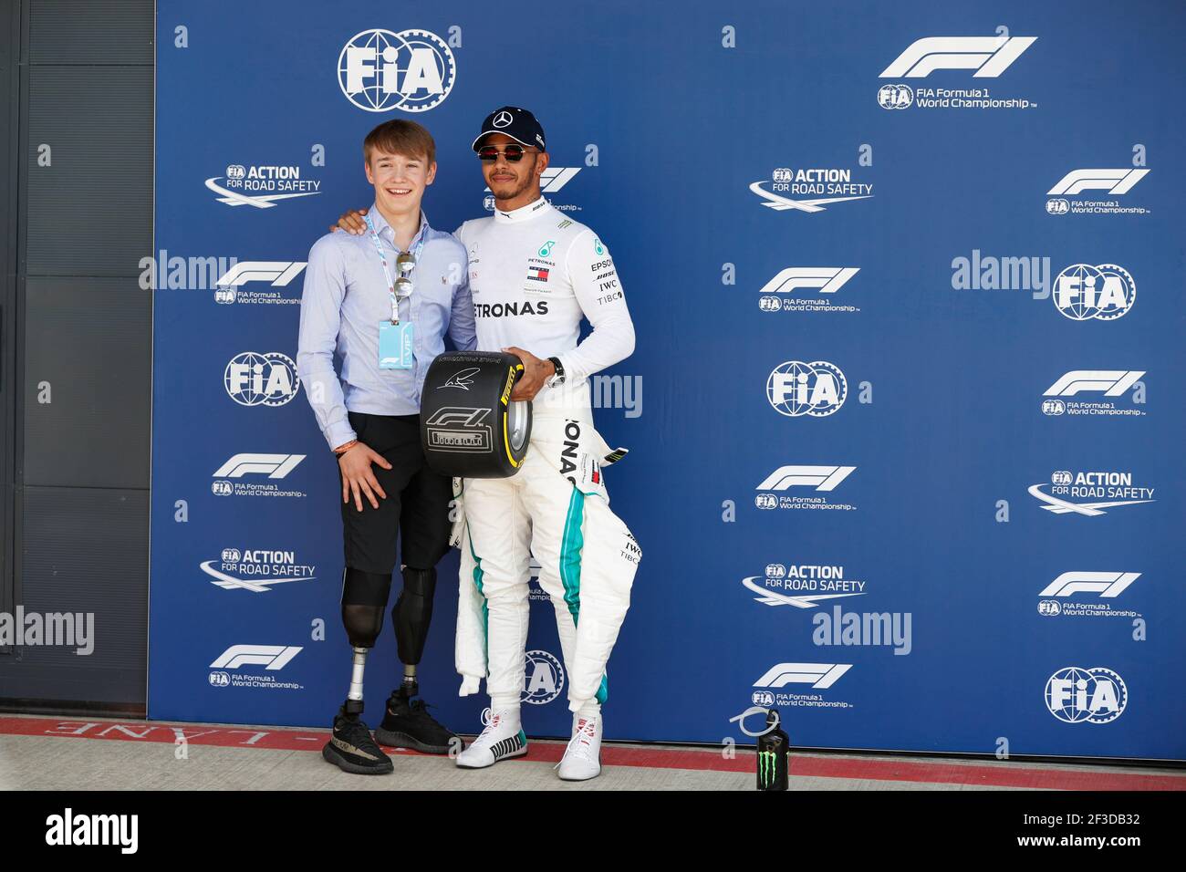HAMILTON Lewis (gbr), Mercedes AMG F1 Petronas GP W09 Hybrid EQ Power+, with MONGER Billy, British racing driver who raced in British F4 and got amputated of both legs after a crash, during the 2018 Formula One World Championship, Grand Prix of England from july 5 to 8, in Silverstone, Great Britain - Photo Florent Gooden / DPPI Stock Photo