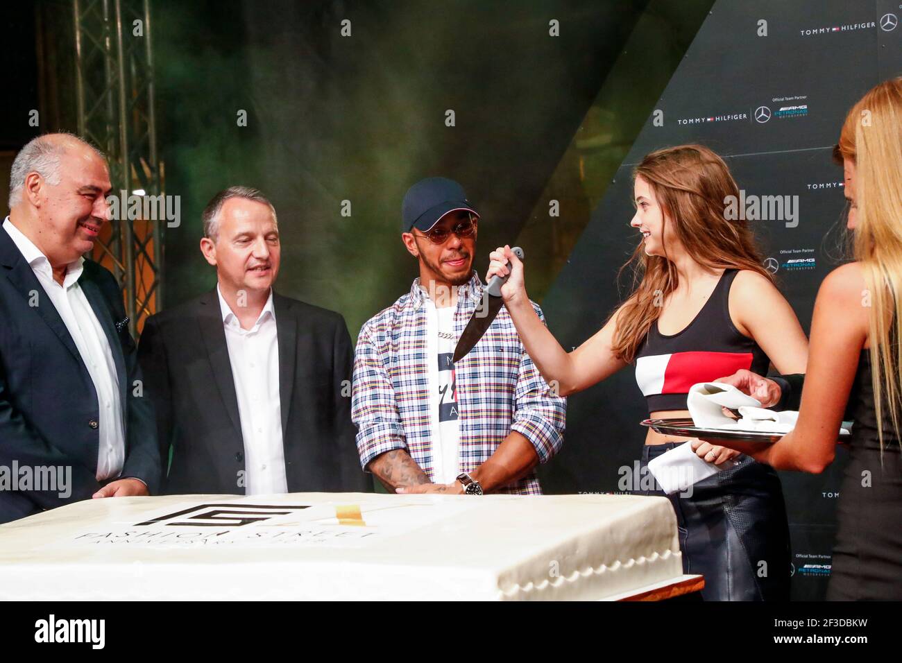 HAMILTON Lewis (gbr), Mercedes AMG F1 Petronas GP W09 Hybrid EQ Power+,  with PALVIN Barbara, model, at the Tommy Hilfiger party during the 2018  Formula One World Championship, Grand Prix of Hungary