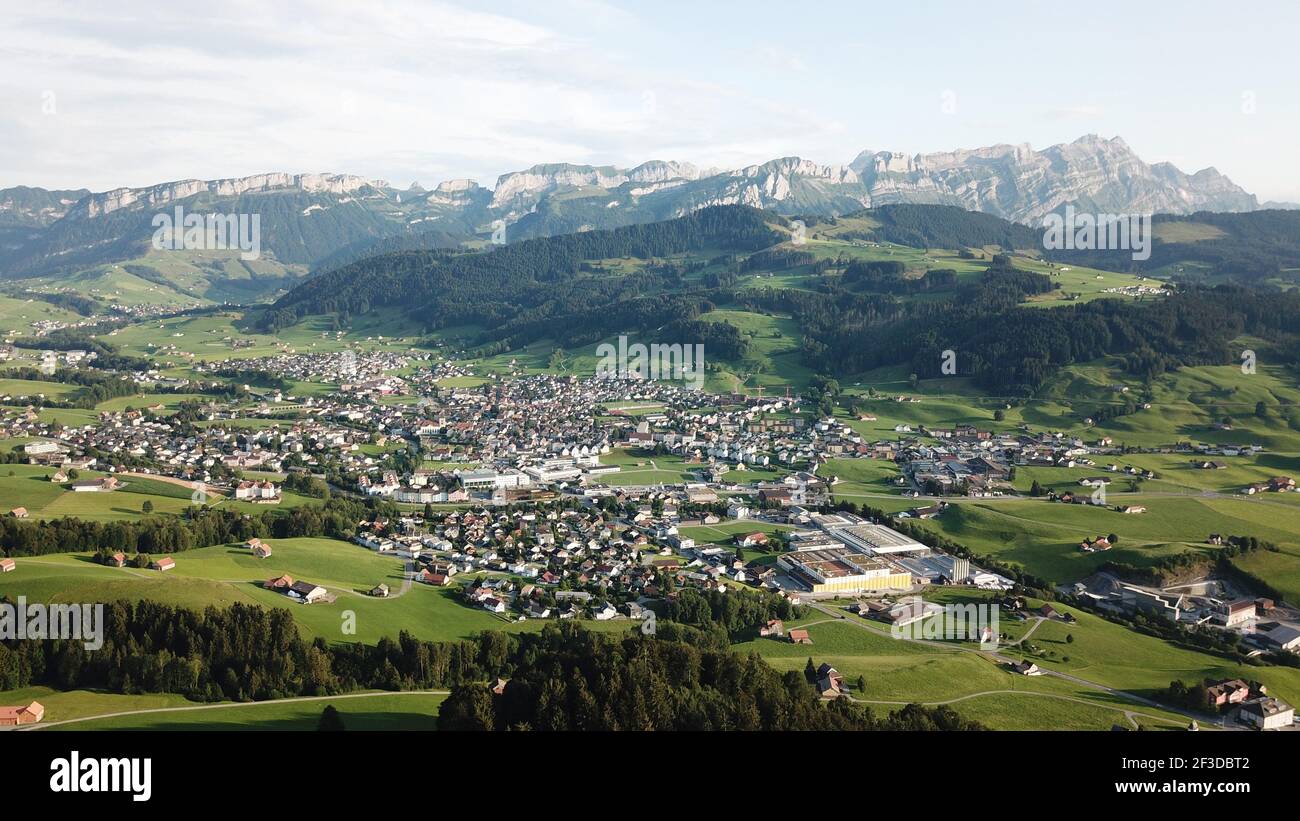 Droneview from Appenzell and Säntis Mountain Stock Photo