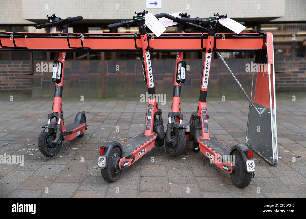 Voi rental escooters lined up near to the Guildhall in Portsmouth