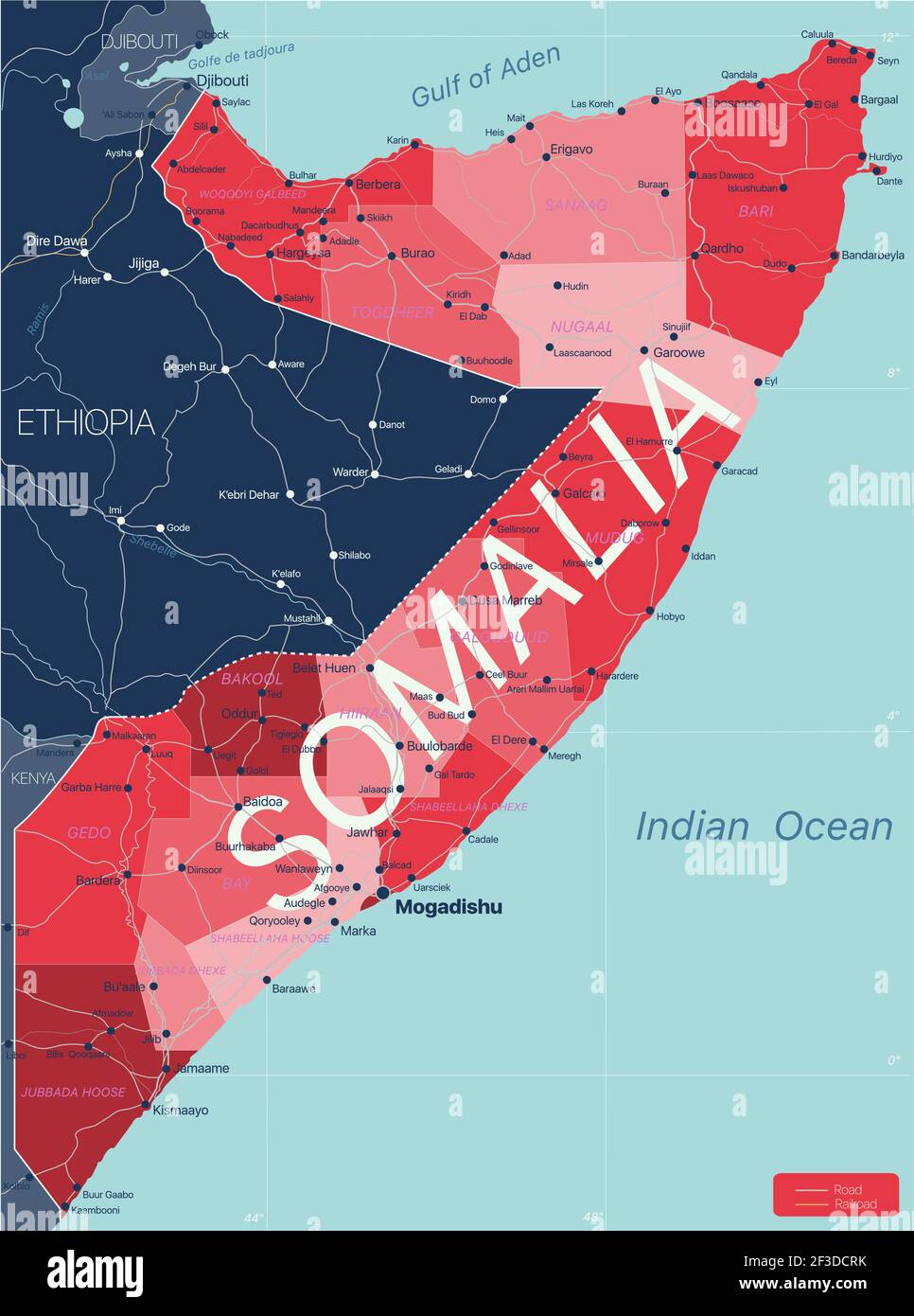 Somalia country detailed editable map with regions cities and towns, roads and railways, geographic sites. Vector EPS-10 file Stock Vector