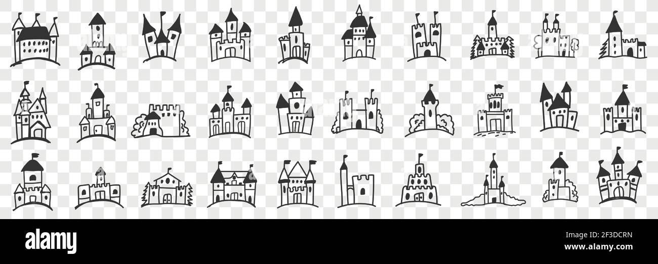 Castles facades with towers doodle set. Collection of hand drawn various facades of castles with towers and window for royal family accommodation isolated on transparent background Stock Vector