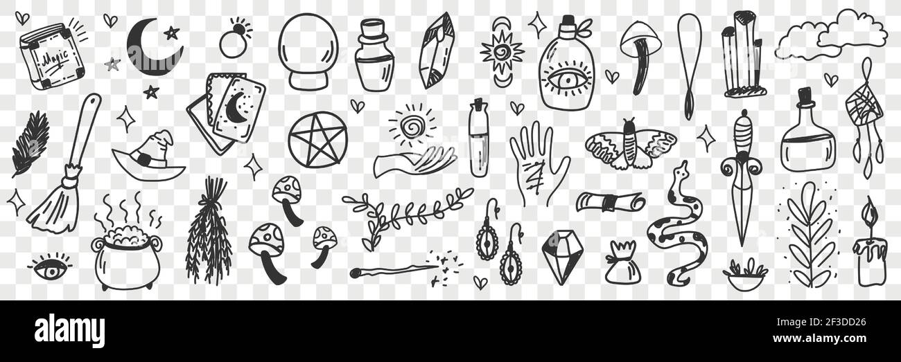 Esoteric witchcraft attributes doodle set. Collection of hand drawn witch tools occult objects hats broom cards moonlight snake isolated on transparent background Stock Vector