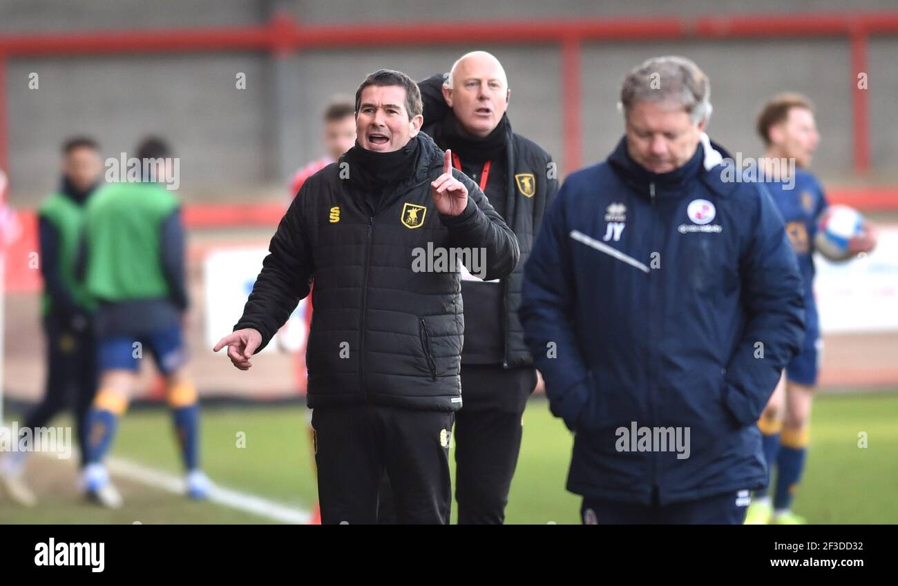 Mansfield manager Nigel Clough is unhappy with a decision during the Sky Bet League Two match between Crawley Town and Mansfield Town at the People's Pension Stadium   , Crawley ,  UK - 13th March 2021 - Editorial use only. No merchandising. For Football images FA and Premier League restrictions apply inc. no internet/mobile usage without FAPL license - for details contact Football Dataco Stock Photo