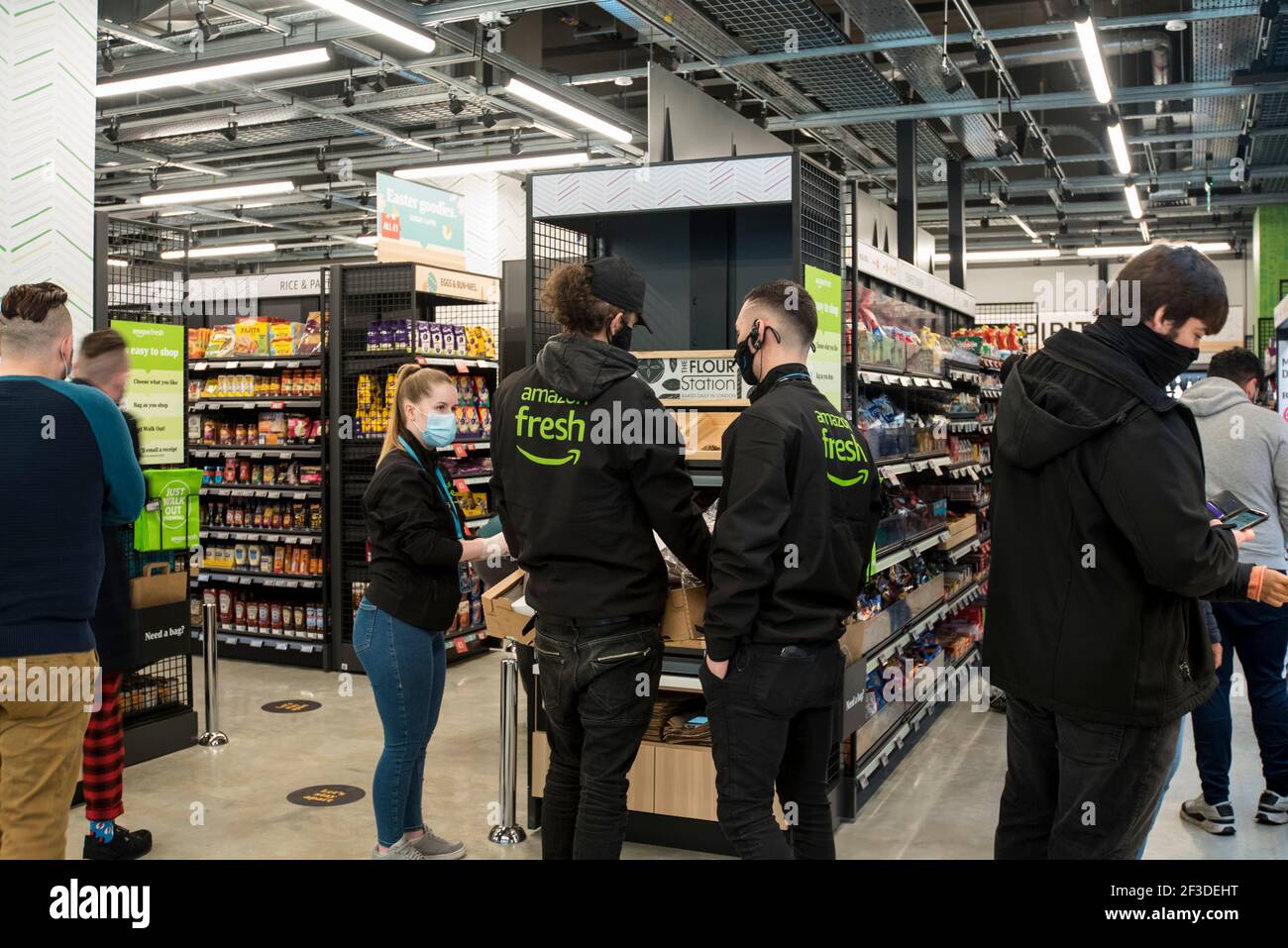 London, UK. 16 March 2021. Inside the new 2,500 sq ft Amazon Fresh store in  Wembley Park, west London on its opening day. It is the second “just walk  out” grocery store