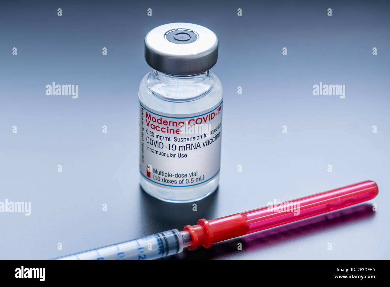 Montreal, CA - 16 March 2021: Vial of Moderna Covid-19 vaccine Stock Photo
