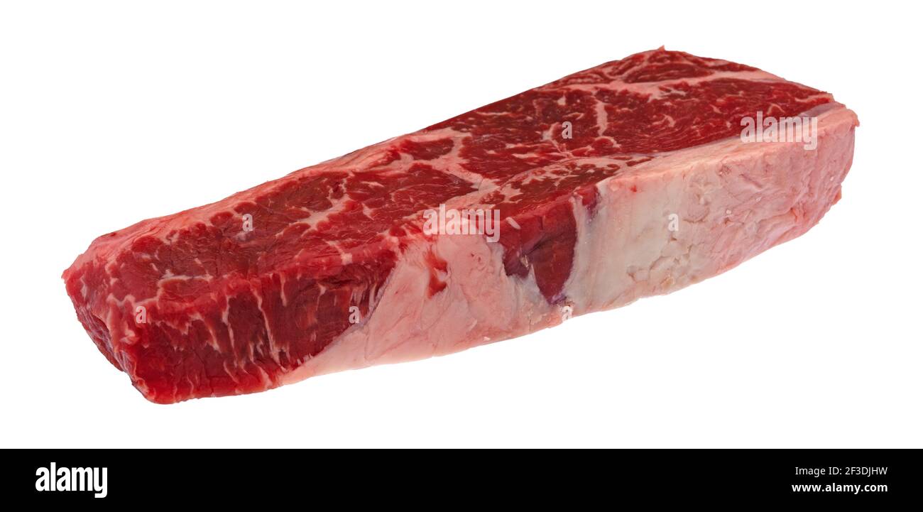 Beef loin boneless end cut strip steak side view on a white background. Stock Photo