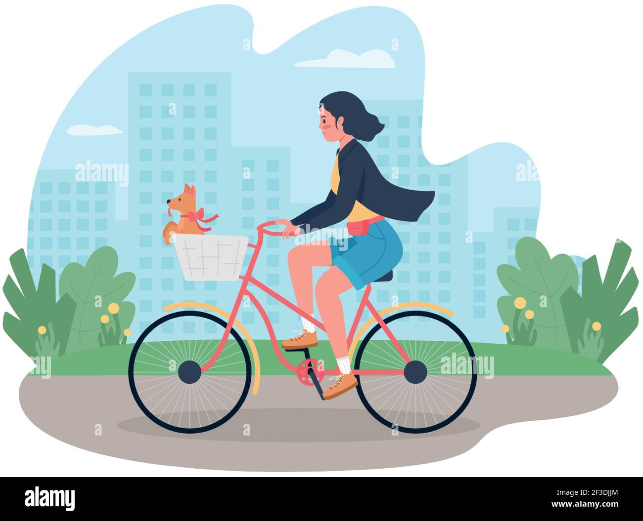 Woman on bicycle with dog in basket 2D vector web banner, poster Stock