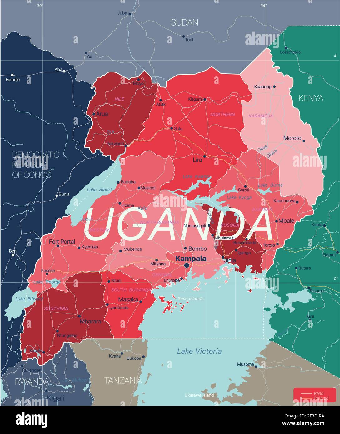 Ugandan Map Uganda Country Detailed Editable Map With Regions Cities And Towns Roads And Railways Geographic Sites Vector Eps 10 File 2F3DJRA