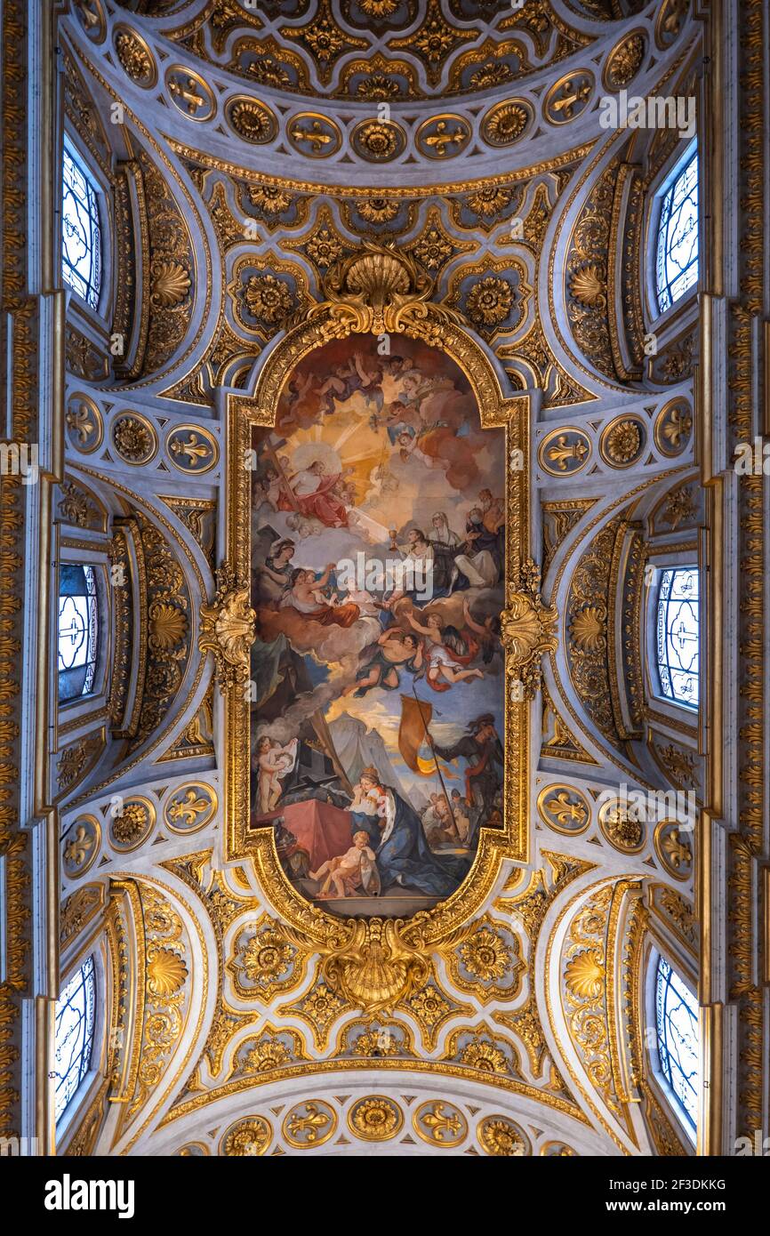 Church of St. Louis of the French interior, gilded ceiling with Apotheosis of St Louis fresco (18th century) by Charles Joseph Natoire in Rome, Lazio, Stock Photo