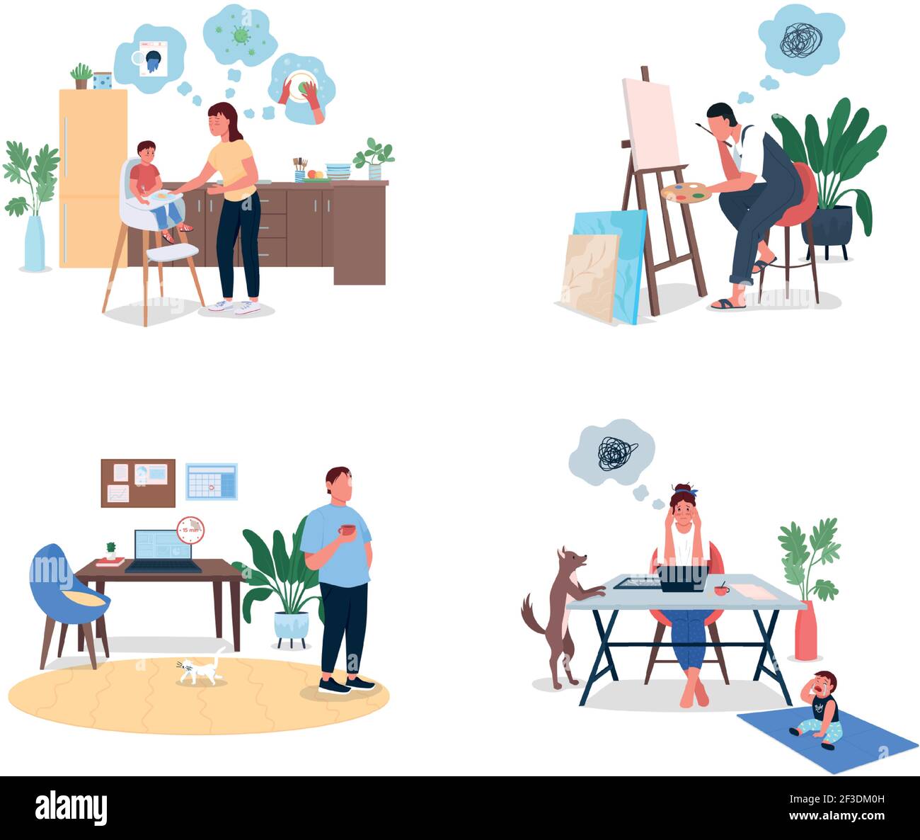Stressed remote worker flat color vector faceless and detailed character set Stock Vector