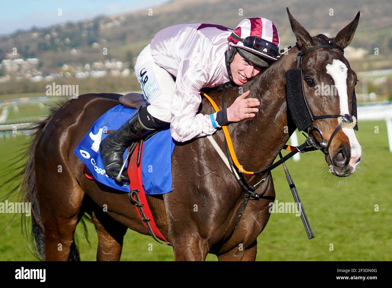 Jack Kennedy celebrates after riding Black Tears to win The Close Brothers Mares' Hurdle during day one of the Cheltenham Festival at Cheltenham Racecourse. Picture date: Tuesday March 16, 2021. Stock Photo
