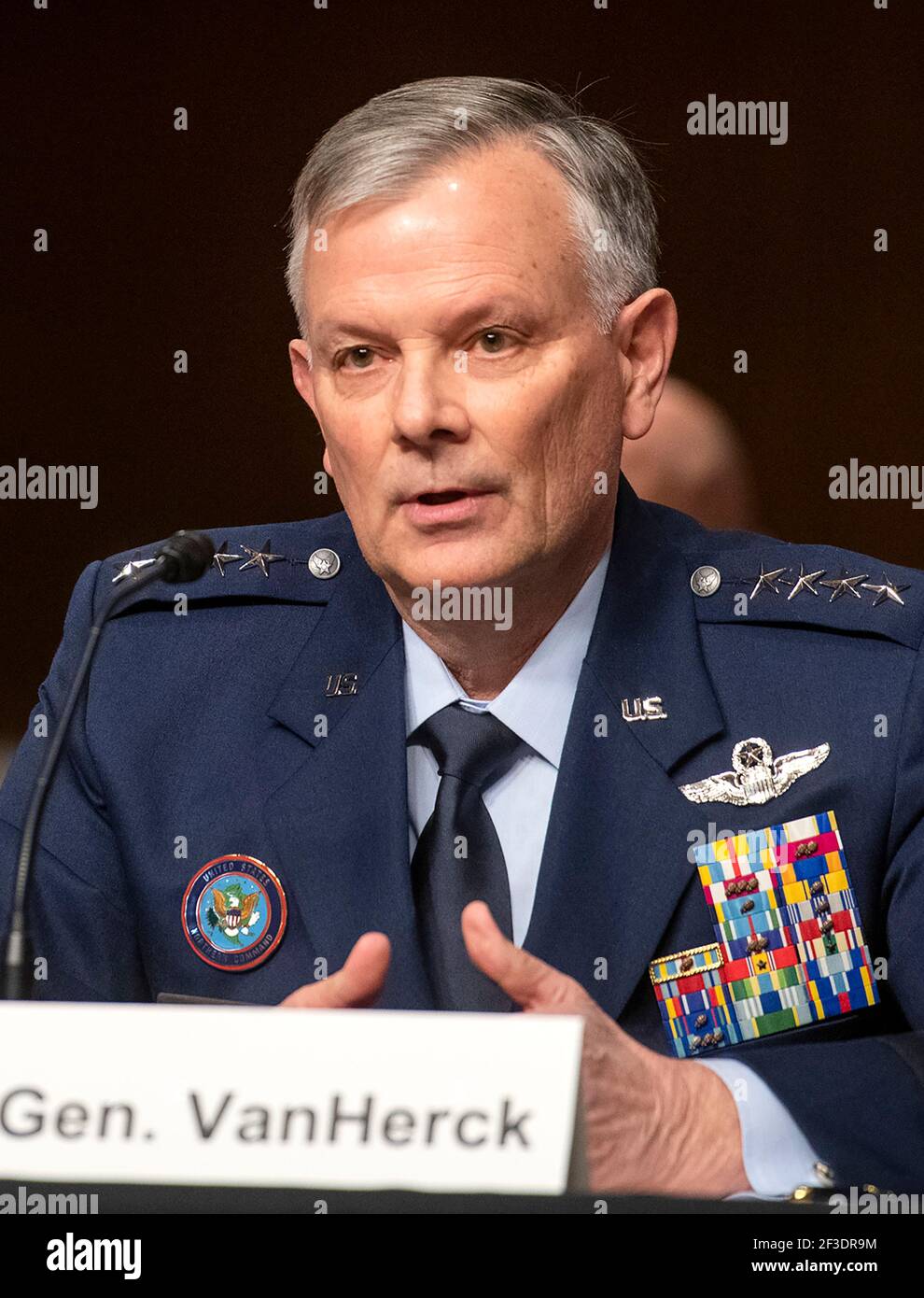 General Glen D. VanHerck, USAF, Commander, United States Northern Command And North American Aerospace Defense Command appears during a Senate Committee on Armed Services hearing to examine United States Southern Command and United States Northern Command in review of the Defense Authorization Request for fiscal year 2022 and Future Years Defense program in the Dirksen Senate Office Building In Washington, DC, Tuesday, March 16, 2021. Credit: Rod Lamkey/CNP /MediaPunch Stock Photo