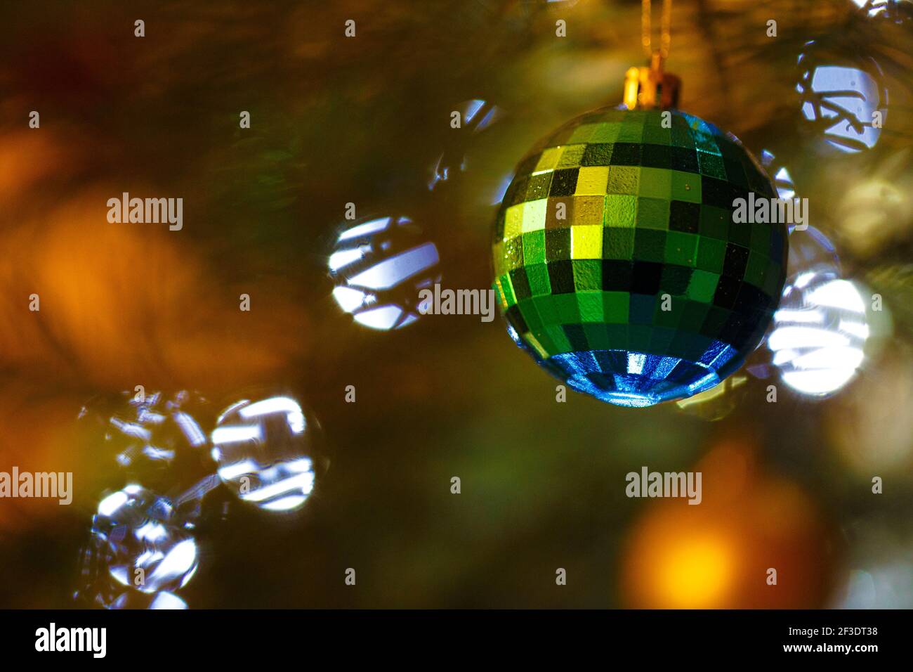 Seasonal Christmas decorations, coloured baubles. Stock Photo