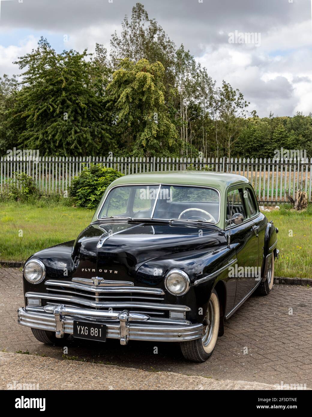 1949 Plymouth Special Deluxe Sedan on display at Lenwade Industrial Estate, Norfolk, UK. Stock Photo