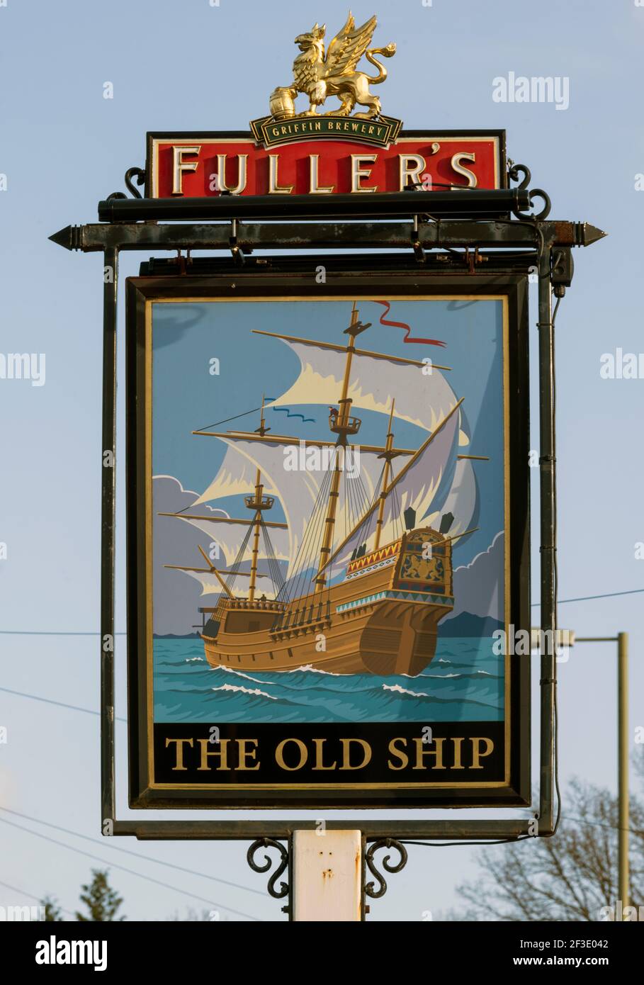 Traditional hanging pub sign at The Old Ship public house a Fuller's