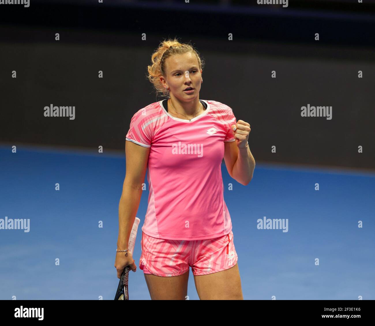 Katerina Siniakova of Czech Republic seen in action during a match against Kirsten Flipkens of Belgium at the St.Petersburg Ladies Trophy 2021 tennis tournament at Sibur Arena