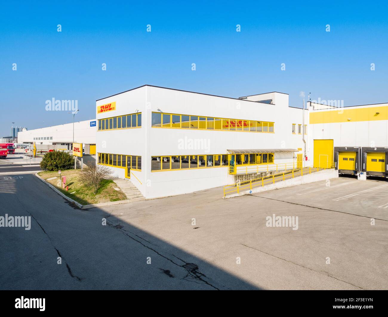 Beautiful Aerial view of a logistics / industrial warehouse Stock Photo