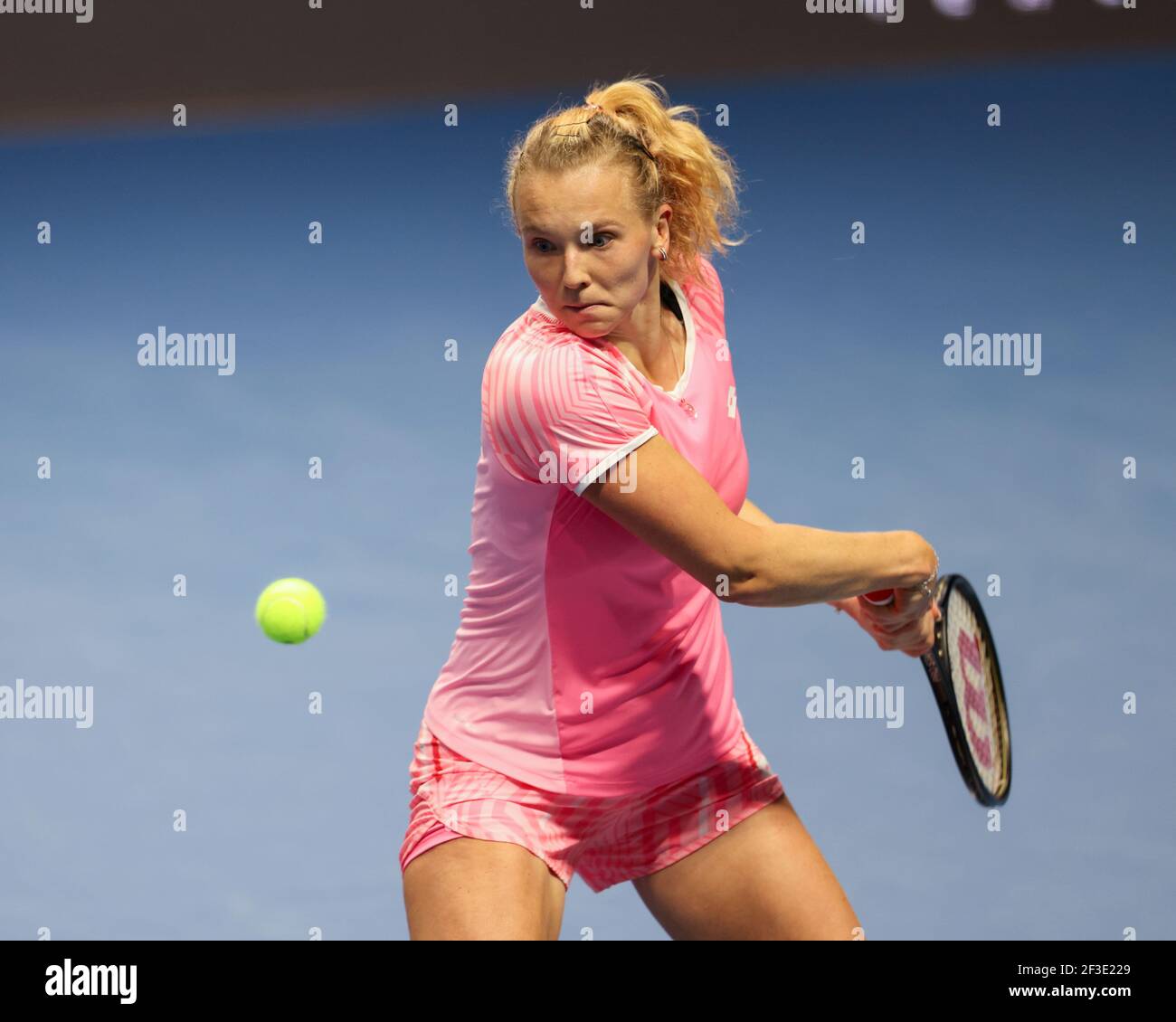 Katerina Siniakova of Czech Republic seen in action during a match against  Kirsten Flipkens of Belgium at the St.Petersburg Ladies Trophy 2021 tennis  tournament at Sibur Arena. Final score: (Katerina Siniakova 2 -