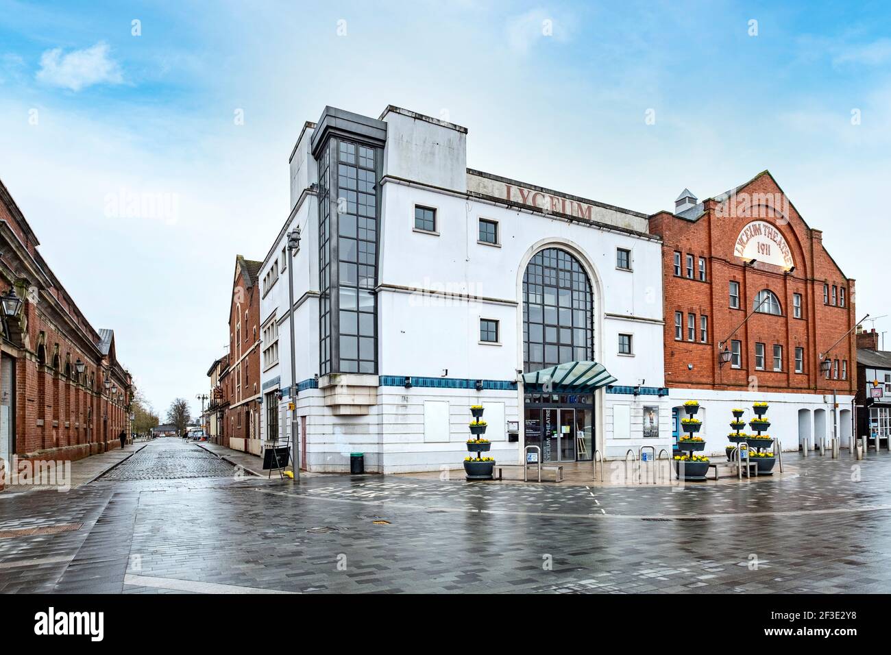 Lyceum Theatre with the renovated market hall on the left in Crewe Cheshire UK Stock Photo