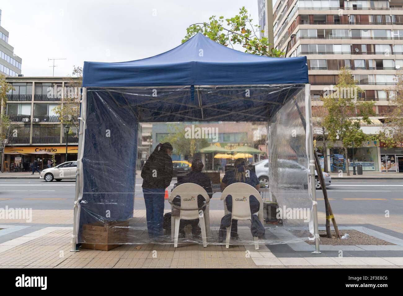 March 16, 2021, Santiago, Metropolitana, Chile: A drive-thru vaccionation site against COVID 19 in Santiago, Chile. So far, almost 5 million people have been vaccinated in the country, and 41% of them with the second dose. (Credit Image: © Matias Basualdo/ZUMA Wire) Stock Photo