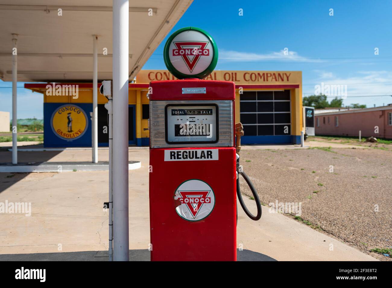 Tucumcari, New Mexico - July 9, 2014: An old Conoco gas pump at a service station along the historic us route 66 in in the city of Tucumcari, New Mexi Stock Photo