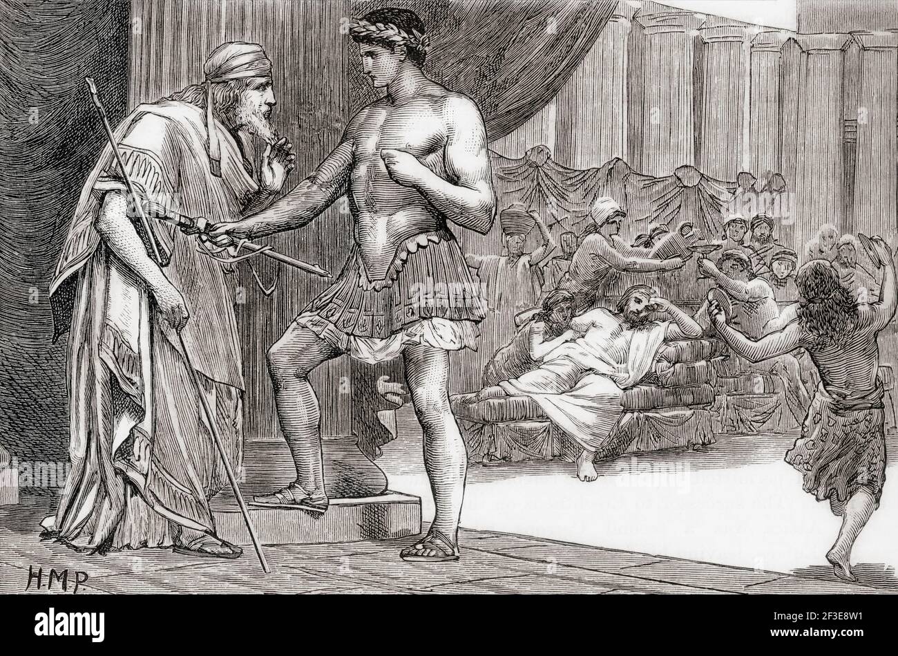 Theseus recognized by his father Aegeus.  Theseus, mythical king and founder-hero of Athens.  Aegeus also spelled Aegeas, in Greek mythology one of the kings of Athens.  From Cassell's Universal History, published 1888. Stock Photo