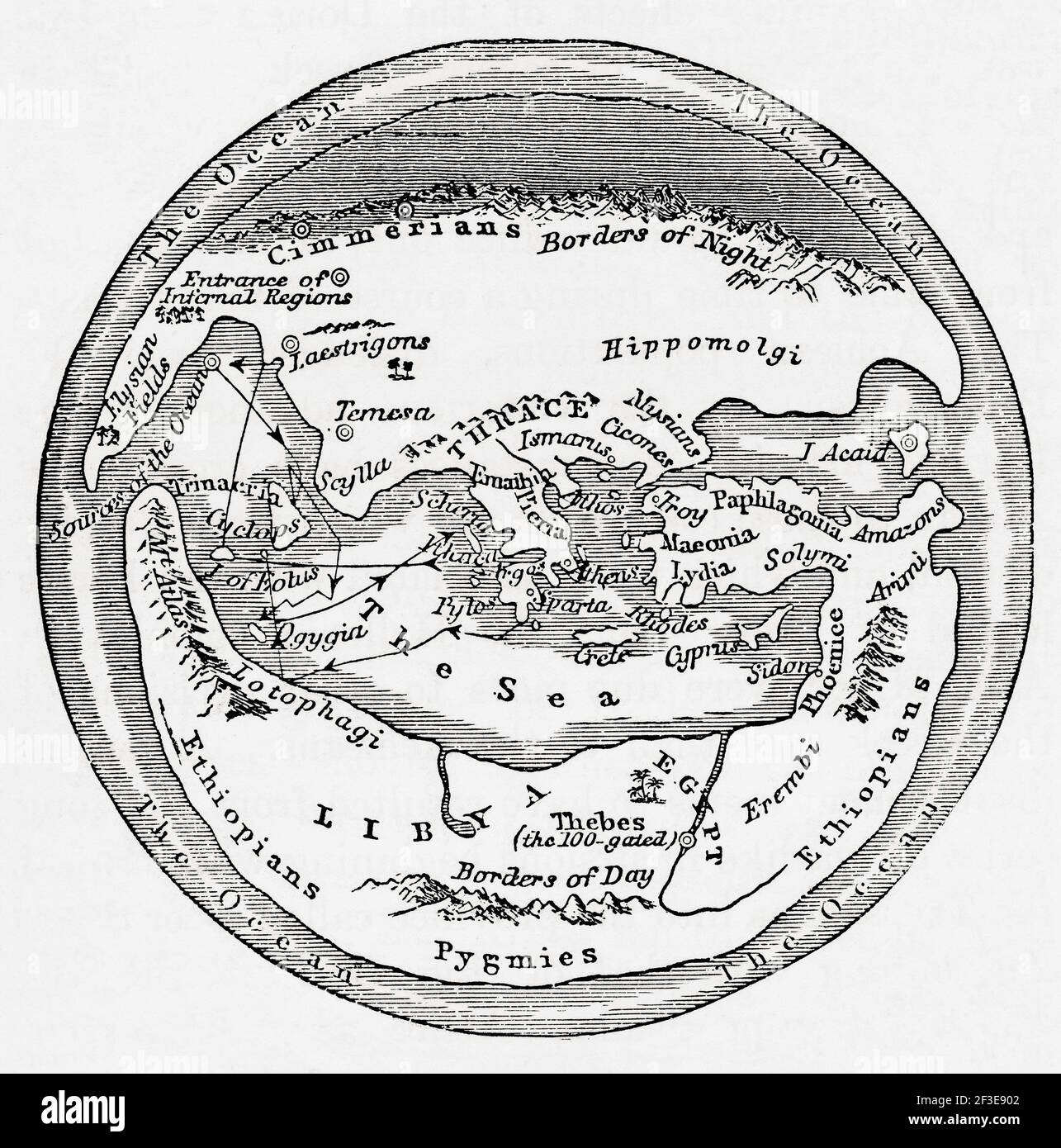 Map of the world according to Homer.  From Cassell's Universal History, published 1888. Stock Photo